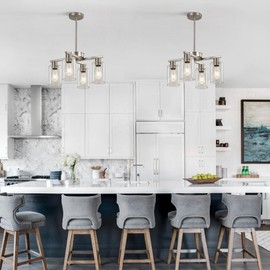 Xeruyiwa 4-Light Brushed Nickel Dining Room Light Fixture, Modern Industrial Kitchen Chandelier Over Table, Adjustable Height Hanging Pendant Light for Kitchen Island, Entryway with Clear Glass Shade