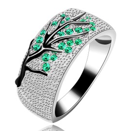 Uloveido Women Rhodiun Plated Green Leaf Black Branch Ring Round Cubic Zirconia Cluster Wedding Promise Rings for Her Y524 (Size V)