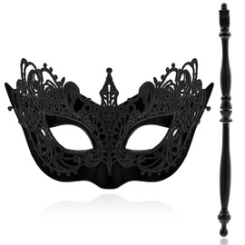 Maeaccx Black Masquerade Mask with Stick Lace Handheld Masks Mardi Gras for Women (Small cusp)
