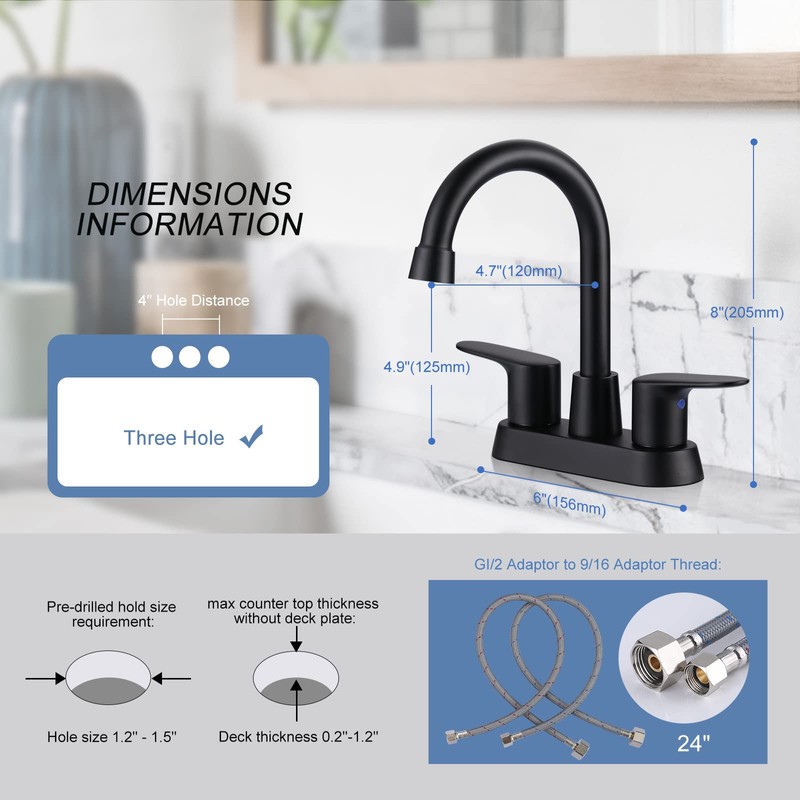 Matte Black Bathroom Faucet 3 Hole, 4 Inch 2 Handle