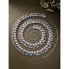 Aheli Indian Traditional Ethnic Faux Stone Beaded Waist Chain Jewelry Kamarband Patta Womens Belly Chain Sari Saree Belt(Silver White)