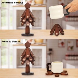 Wooden Trivets for Hot Dishes,Tree Shape Trivet Set,3 Wooden Trivets+1 Stand with Marble Base,Natural Foldable Kitchen Wooden Trivet,for Hot Dishes、Pot、Bowl、Teapot、Hot Pot Holders(Black Walnut)
