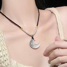 Inilbran Boho Moonstone Moon Pendant Necklace Vintage Crescent Moon Necklace Black Braided Rope Choker Necklace Adjustable Opal Moon Necklace Jewelry for Women