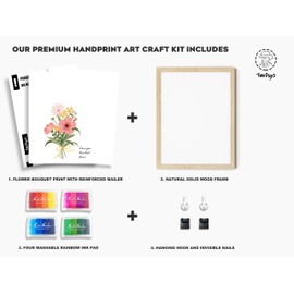 TwoDays Flower Bouquet Handprint Art Craft DIY Kit, Unique Gifts for Mom from Daughter or Son for Mother's Day Birthday Christmas, Gift for Grandma.(12" X 16", with Wood Frame)