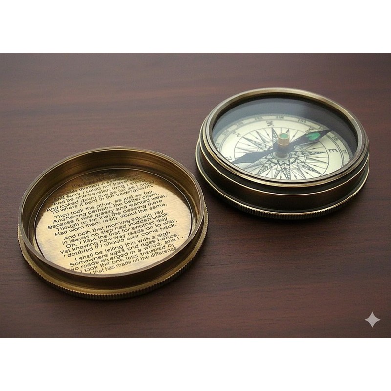 Antique Robert Frost Poem Compass-Pocket Compass w Leather Case