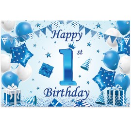 Happy 1st Birthday Banner Backdrop - Blue 1 Year Old Banners Decorations Boy Baby Photography Background for First Birthday Baby Shower Party Supplies 180x120cm
