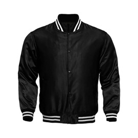 Mens Varsity Jacket Satin Polyester Retro Zip Casual Jackets (Black, Large)