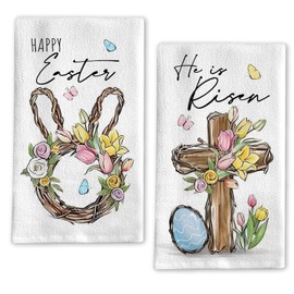 HIENAJ Happy Easter Cross Bunny Wreath Dish Towels - Set of 2 | Happy Easter Cross Bunny WreathPattern |Holiday Home Decor | 15x23 Inches