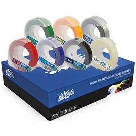 RINKLEE White on Black/Red/Blue/Green/Yellow/Transparent/Silver 3D Embossing Tape Labels Label Tape Compatible with Omega & Junior Embossing Devices 9 mm x 3 m 7 Cassettes
