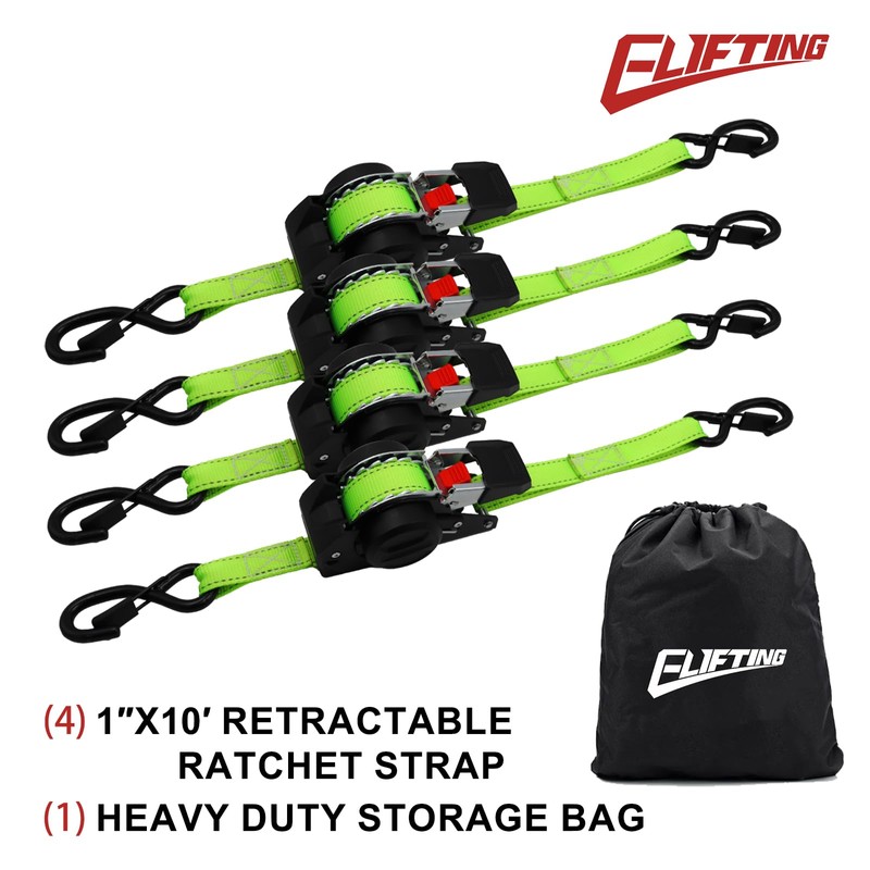 ELIFTING 4-Pack Retractable Ratchet Straps 1" x 10ft, 1650 lbs