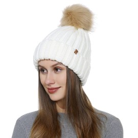 Belle Dame Winter Beanie Hat for Women Knit Hat Faux Fur Pompom Hat Fleece Lined Toque (HT505-WT)