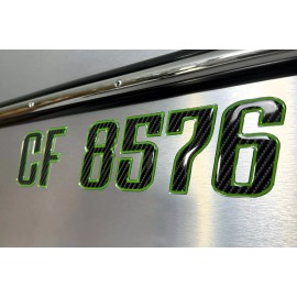 3D Lettering Boat Registration Stickers - Domed Carbon Fiber Numbers with Green Trim