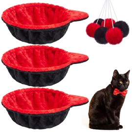 3 Pack 14.6" Large Goth Cat Tree Hammock Basket Bed Lounger Tower Replacement Parts with 6 Pcs Hanging Elastic Strings Pom Pom Toys, Red and Black Cat Tree Accessories Hammock Attachment