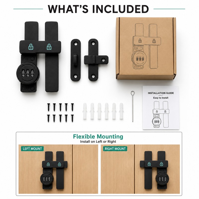 3-Digit Combination Sliding Latch Lock for Barn Doors, Cabinets and