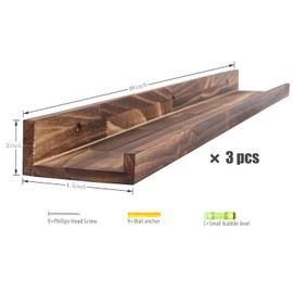 MBYD 48 Inch Picture Ledge Shelf Set of 3, Wall Mount Carbonized Burnt Black Floating Wall Shelves Photo Ledge Natutal Pine Wood for Bedroom, Living Room, Office, Kitchen, Bathroom Same Dimensions