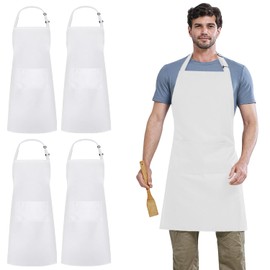 4 Pack Delantal de Chef, Delantal Impermeable, Delantal Ajustable con 2 Bolsillos para Hombre Mujer, Delantal para Cocinar Hornear Restaurante (Blanco)