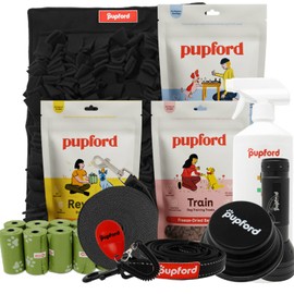Pupford New Puppy Pack for Medium Sized Dogs, Includes Treats, Training Clicker, Snuffle Mat, Poop Bags, Leash, Oops Eraser, Black Light, Dog Lead, Flirt Pole and Collapsible Dog Bowl