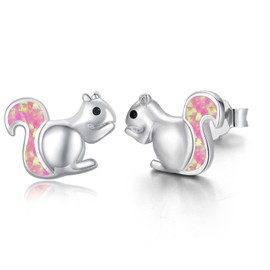 Squirrel Earrings Sterling Silver Cute Opal Little Squirrel Earrings Hypoallergenic Stud Lovely Small Animal Jewelry Gift for Women Teen Sensitive Ears