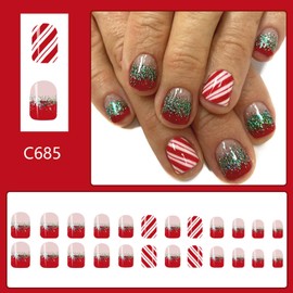 Christmas Press on Nails Short Square WLGDLH Red Ombre Fake Nails with Red&White Stripes Green Glitter Designs Nude Nails Press ons Acrylic Nails Winter Nails Cute Glue on Nails for Women DIY 24Pcs