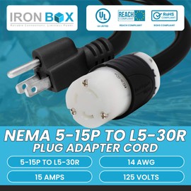 IronBox Electric NEMA 5-15P to L5-30R Plug Adapter Power Cord - 15A,125V,14 AWG - UL Listed Power Extension Cable - Heavy Duty Plug & Connector for Generator, Servers, PDU, Camper & More (10ft, Build)