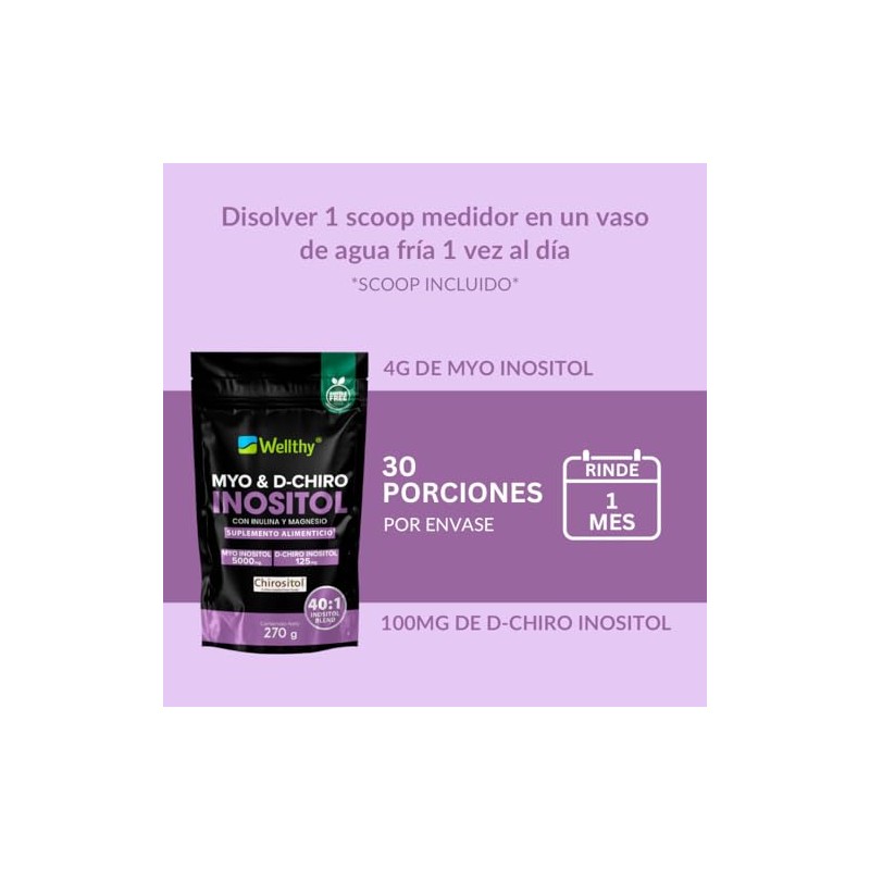 Wellthy Myo Chiro Inositol Polvo 270g Magnesio Marino Mezcla Óptima