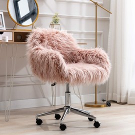 Goujxcy Faux Fur Swivel Chair, Upholstered Padded Seat, Vanity Accent Modern Height Adjustable Swivel Arm Furniture for Living Room, Makeup, Home Office,Bedroom