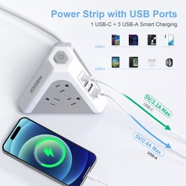 Tower Surge Protector Power Strip, NVEESHOX 9 AC Outlets with 4 USB Ports (1 USB C )3-Side Triangle Outlets with USB Ports,6.5 Ft,Flat Plug, Charging Station with Surge Protection,for Home Office Dorm