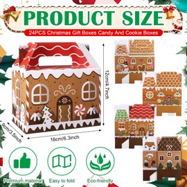 24 Pcs Christmas Treat Boxes 3D Gingerbread House Cardboard Present Candy Cookie Boxes Holiday Xmas Party Favor Gift Boxes Cardboard Treat Boxes for Gift Wrapping Goodie Paper Boxes with Handles