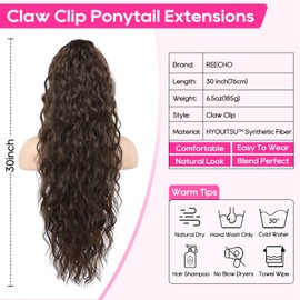 REECHO Ponytail Extension 30" Long Claw Clip Ponytail Extension Curly Wavy Pony Tails Hair Extensions Clip in Synthetic Hairpiece for Women, Dark Chocolate Brown