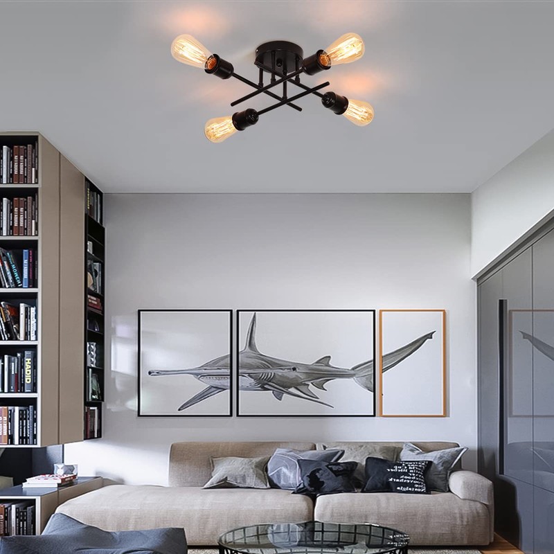 Qcyuui Industrial Semi Flush Mount Ceiling Light 4-Light Rustic Black