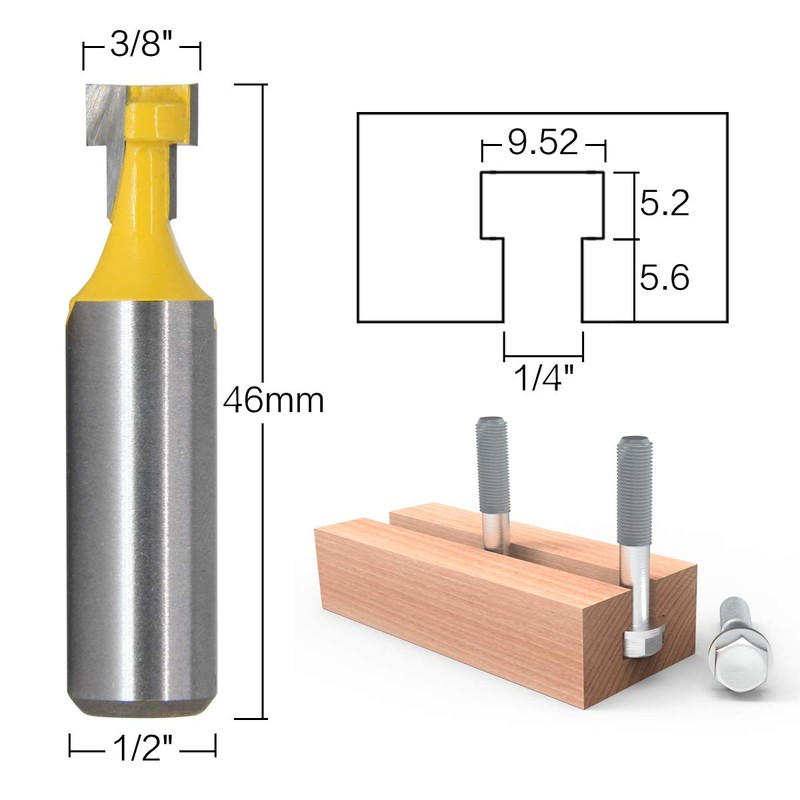 RKURCK 1/2" Shank T-Slot Cutter Router Bit Steel Handle 3/8"