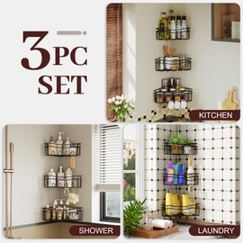 STAHLHEART Black corner shower caddies with depth caddy and Built in 12 hooks rustproof wall mounted No drilling No marring adhesive bathtub corner storage for bathroom kitchen and laudry room