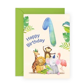 Milestone Baby Cards Age 1 - First Birthday Card For Boy - Jungle Animals - Kids Birthday Card One Year Old - Comes With Fun Stickers - Made In The UK By Central 23