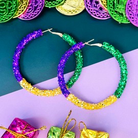 INLOLLY INLOLLY Mardi Gras Earrings, Shining Hoop Mardi Gras Earrings for Women, Mardi Gras Accessories Jewelry for Mardi Gras Shirt, Mardi Gras Party Favors 2025