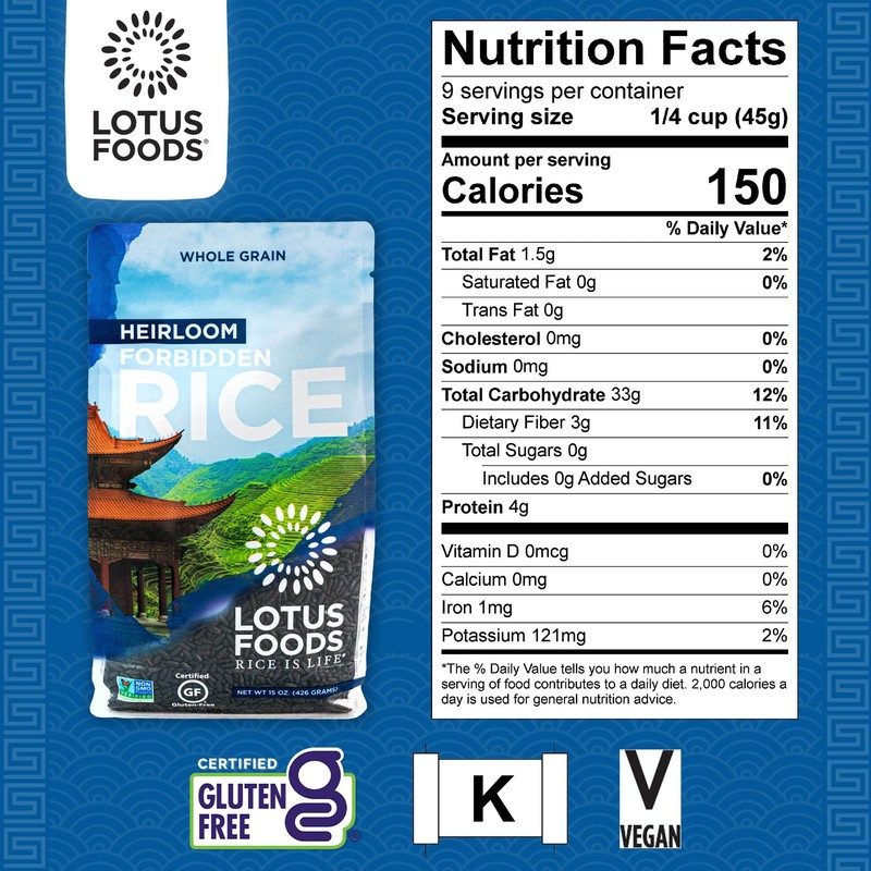 Lotus Foods Heirloom Forbidden Rice - Black Rice, Purple Rice,