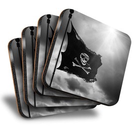 Destination Vinyl ltd Great Coasters (Set of 4) Square - BW - Jolly Roger Pirate Flag Drink Glossy Coasters/Tabletop Protection for Any Table Type #41990