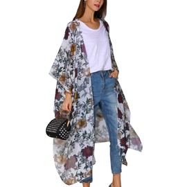 Hibluco Women's Summer Chiffon Floral Kimono Cardigan Long Swimwear Cover Ups