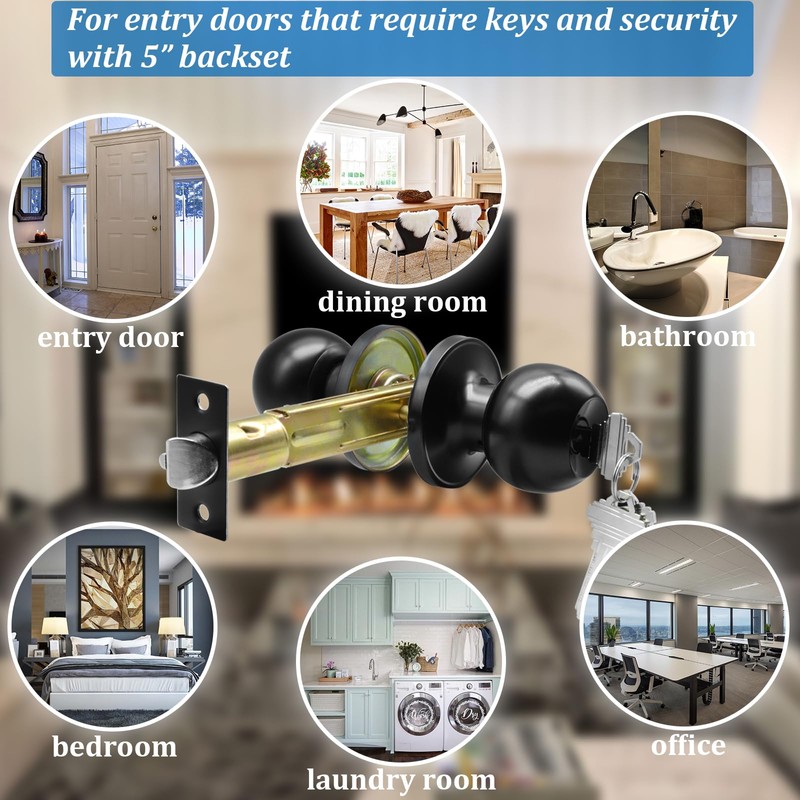 TPard 5" Backset Latch Keyed Entry Door Knob with Lock
