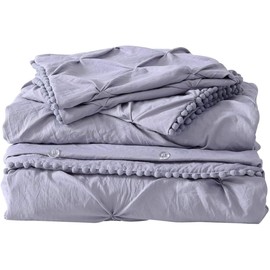 Chezmoi Collection Natalia 3-Piece Pom Poms Fringe Pinch Pleat Duvet Cover Set - Hypoallergenic Soft Washed Microfiber Comforter Cover with Button Closure and Corner Ties - Queen, Purple