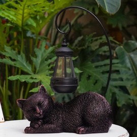 Cat Garden Statue with Solar Lantern Outdoor Decor, 13 Inch Tall Cat Figurine Decorative for Outdoor Garden, Yard, Patio, Lawn and Porch, Solar-Powered Cat Solar Lights Garden Statues and Sculpture