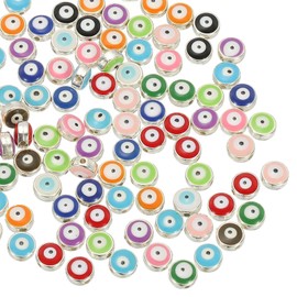 PATIKIL 8mm Cuentas De Ojo Malo, 100 Pcs Cuentas Planas Redondas Turcas De Ojo Malo Con Bordes Plateados Y Separadores Para Hacer Pulseras, Collares Y Aretes DIY, Mezcla De Colores