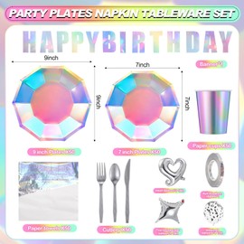 Funnymoom 366 Pcs Iridescent Birthday Party Decoration Set Disco Groovy 60s 70s Party Supplies Include Disposable Iridescent Paper Plates Cups Tinsel Foil Fringe Streamers Backdrop Banner Balloons