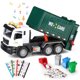kramow Garbage Truck Toys with Sound and Light, Friction-Powered Trash Truck with 4 Trash Bins & Trash Cards, Push and Go, Toy Cars Gifts for Boys Girls Kids 3+ year old, Green