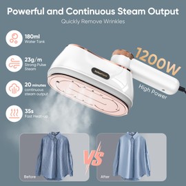SoleoFlare Steamer for Clothes & Iron 2in1, 1200W Travel Steam Iron, 5 Modes LCD, 180ml for 20 Min Steam, UL 141 Tests Passed, White, 120V
