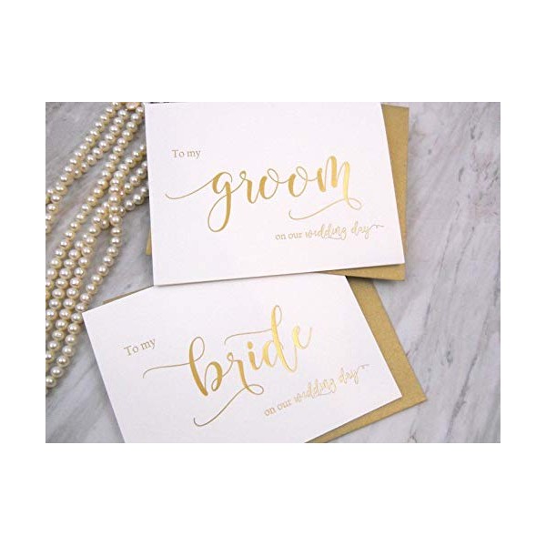Set of 2 Gold Foil Wedding Day Cards with Gold Shimmer Envelopes, To My Bride on our Wedding Day Card, To My Groom on our Wedding Day Card