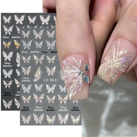 BSBTBZ 2PCS Laser Butterfly Nail Art Sticker 5D Embossed Pink Aurora Fairy Glitter Butterfly Nail Decals Holographic Pink Butterfly Nail Sticker Charm Manicure Decoration