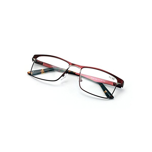 Men Premium Rectangle Stainless Steel Reading Glasses - Large Metal Reader (Maroon, 1.50)