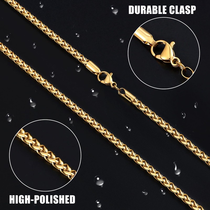 Fiusem 14K Gold Plated Wheat Chain Necklace for Men, 3mm