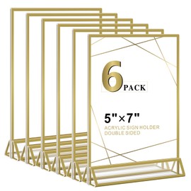 Acrylic Sign Holder 5x7 - Gold Acrylic Double-Sided Picture Frame Display Stand, Clear Table Tent Menu Holder & Plastic Paper Holder - Vendor Booth Display Items for Wedding Business Store Party