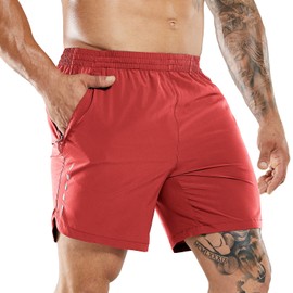 MIER Pantalones Cortos de Correr para Hombre, 7 Pulgadas, de Secado rápido, para Gimnasio, con Bolsillos con Cremallera, Rojo, Small